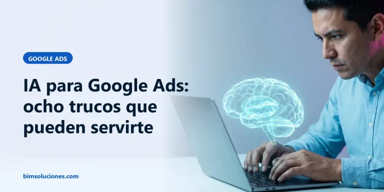 Especialista ajusta una campaña en su laptop mientras un cerebro de luz flota sobre el teclado, IA aplicada a anuncios