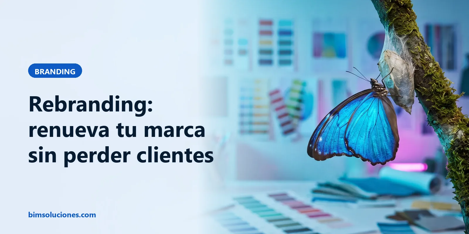 Mariposa azul sale de su capullo ante un estudio de diseño, metáfora de una marca que se renueva
