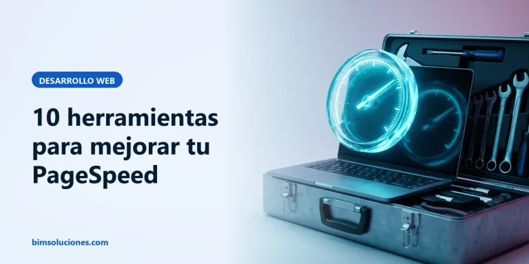 Caja de herramientas junto a una laptop con un velocímetro luminoso, metáfora de las herramientas para acelerar una web