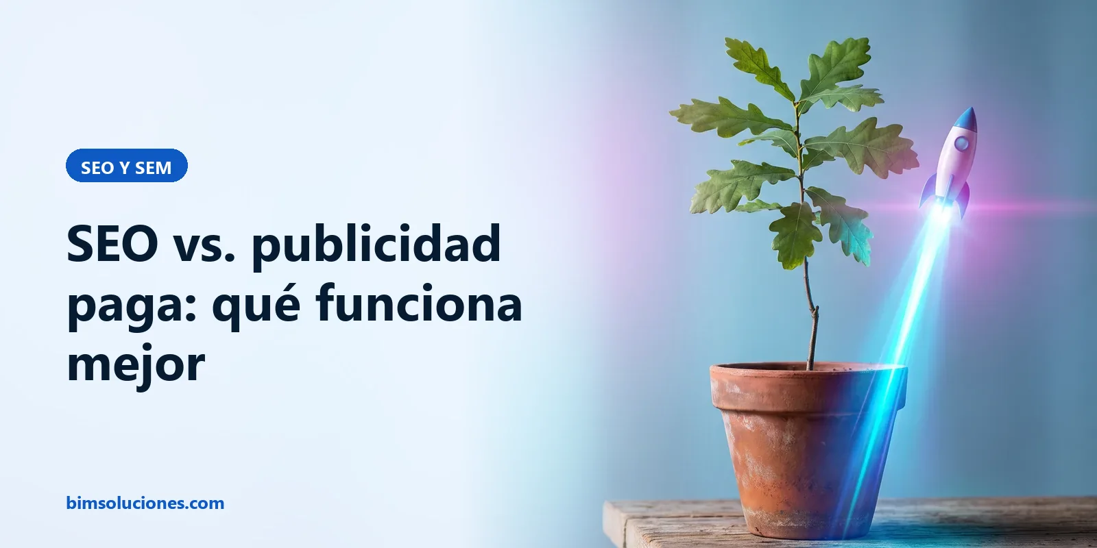 Un árbol joven y un pequeño cohete que despega sobre una mesa, metáfora de comparar el SEO con la publicidad paga