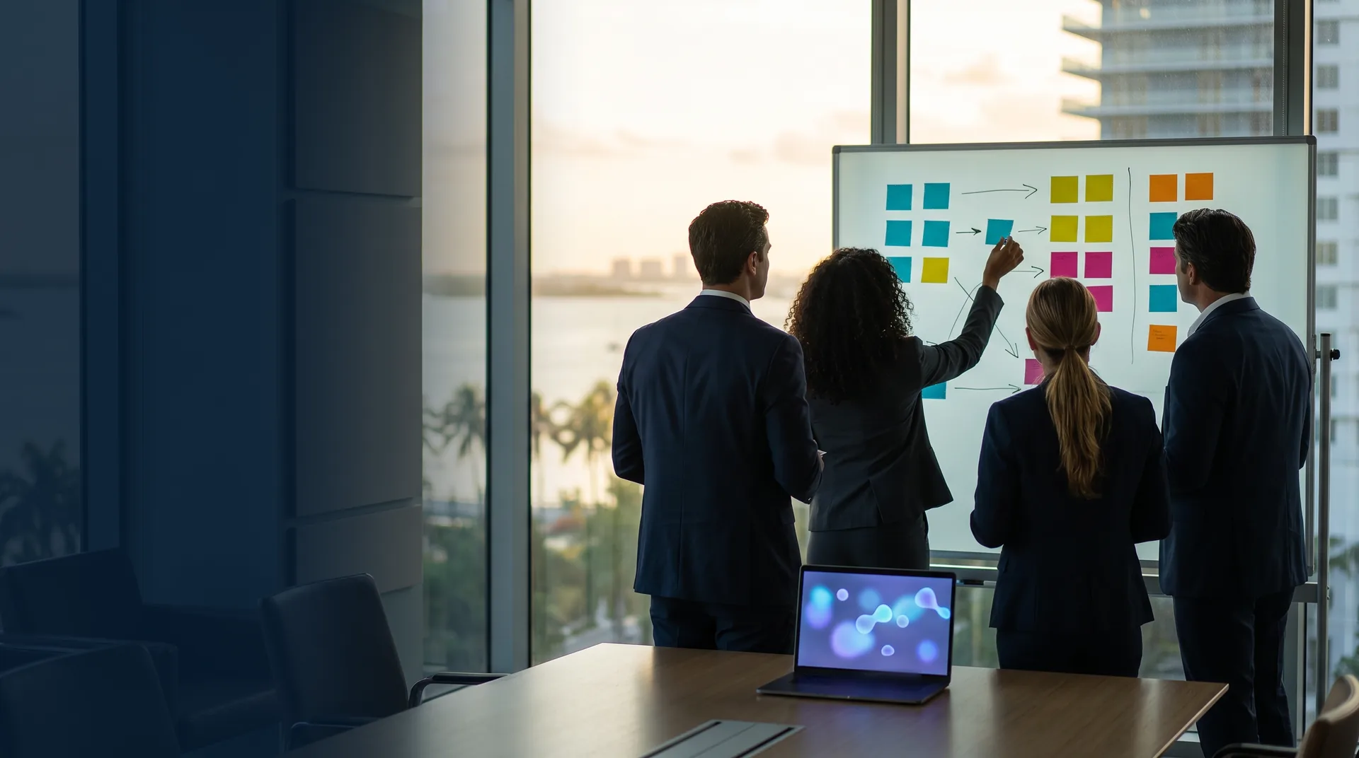 Directivos de una empresa hispana de Miami trazan en una pizarra los procesos que quieren automatizar con IA