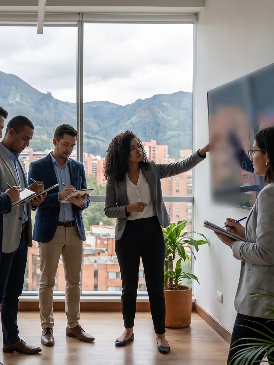 Equipo comercial de una empresa de Bogotá revisa en una pantalla los contactos que llegan de su web y de WhatsApp