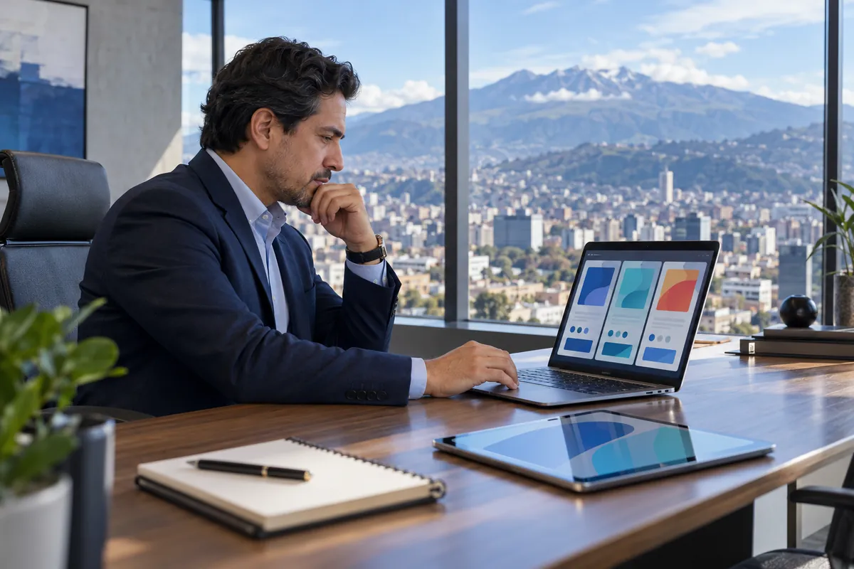 Gerente en Quito compara propuestas de agencias de marketing digital en su portátil