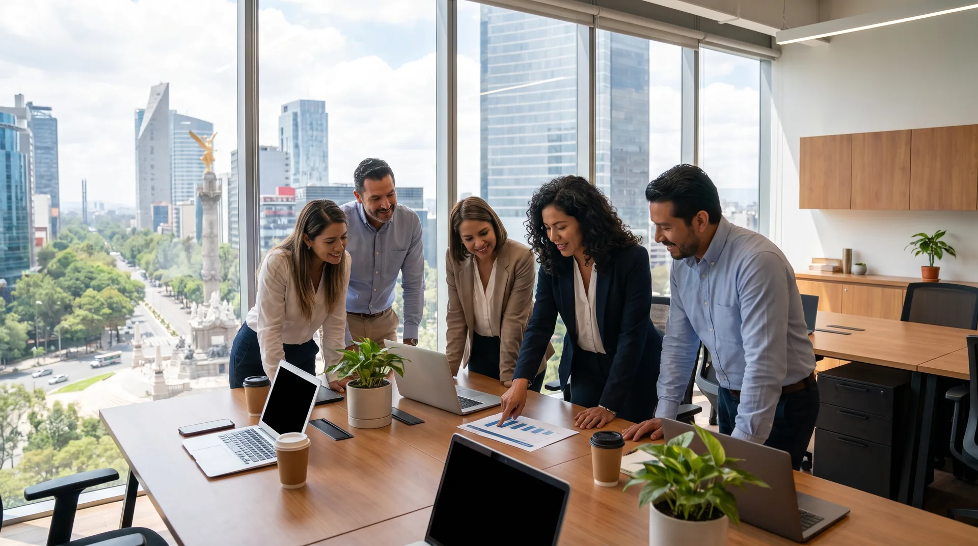 Equipo comercial de una empresa en un piso de oficinas de Paseo de la Reforma, en CDMX, revisa los contactos de sus campañas