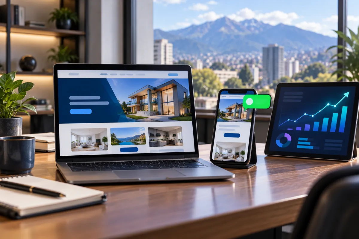 Web propia en portátil, celular y tableta con un panel de resultados, en una oficina de Quito