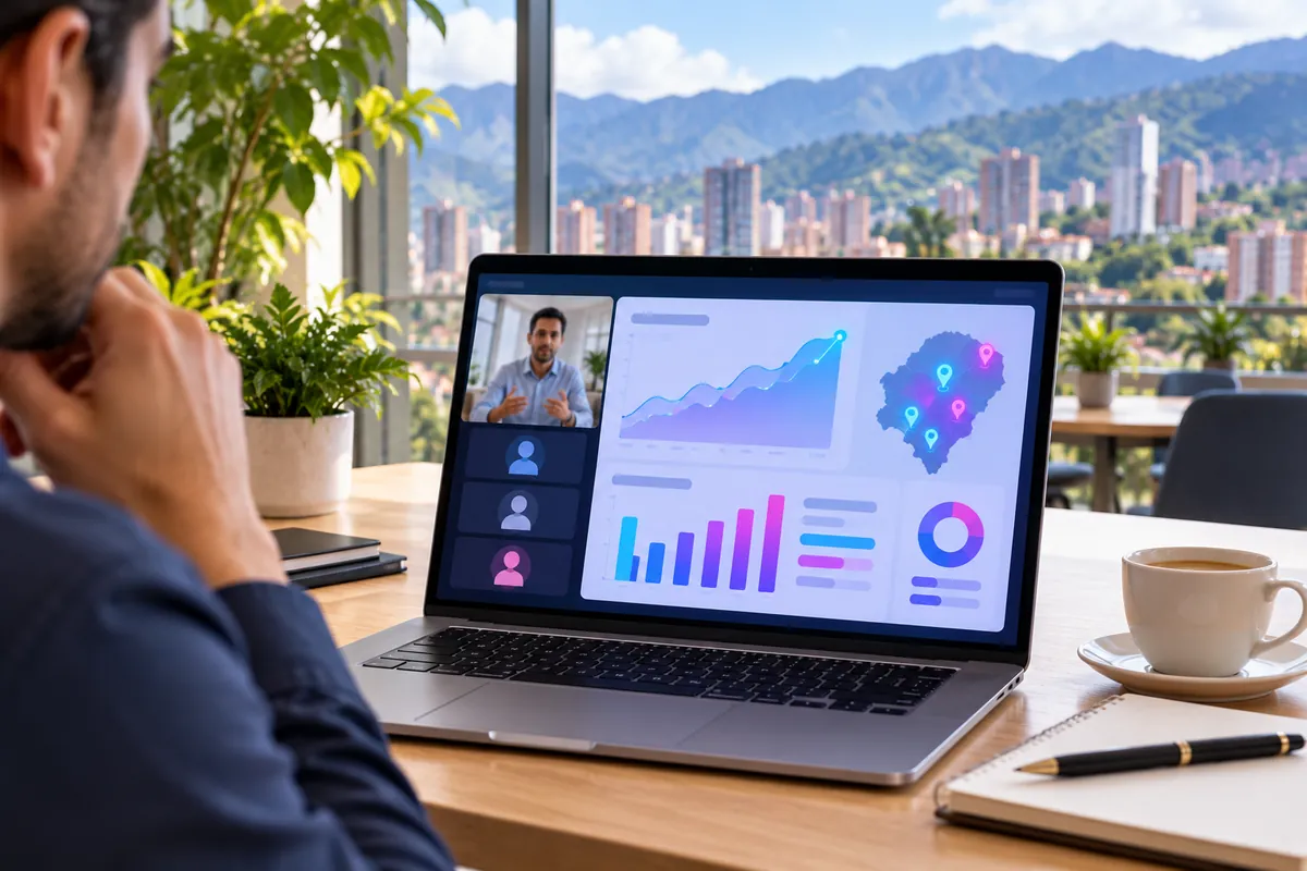 Reunión mensual de SEO por videollamada con gráficas de crecimiento y mapa de ubicaciones en Medellín