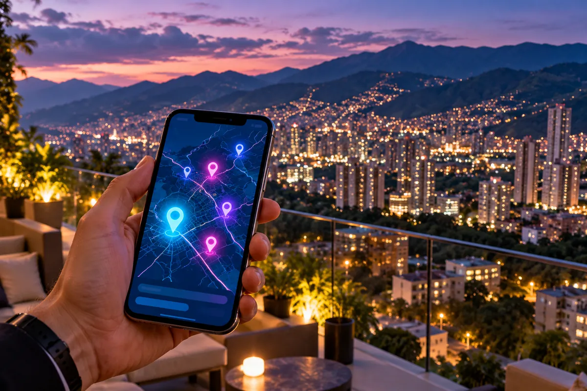 Mapa con varias ubicaciones en el celular frente al Valle de Aburrá iluminado al anochecer