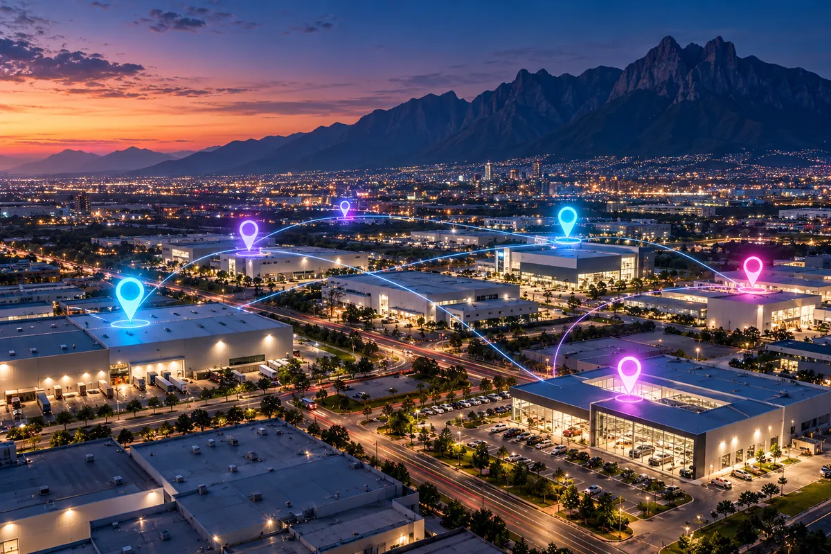 Zona industrial de Monterrey al atardecer con una ubicación marcada en cada planta, bodega y sala de ventas