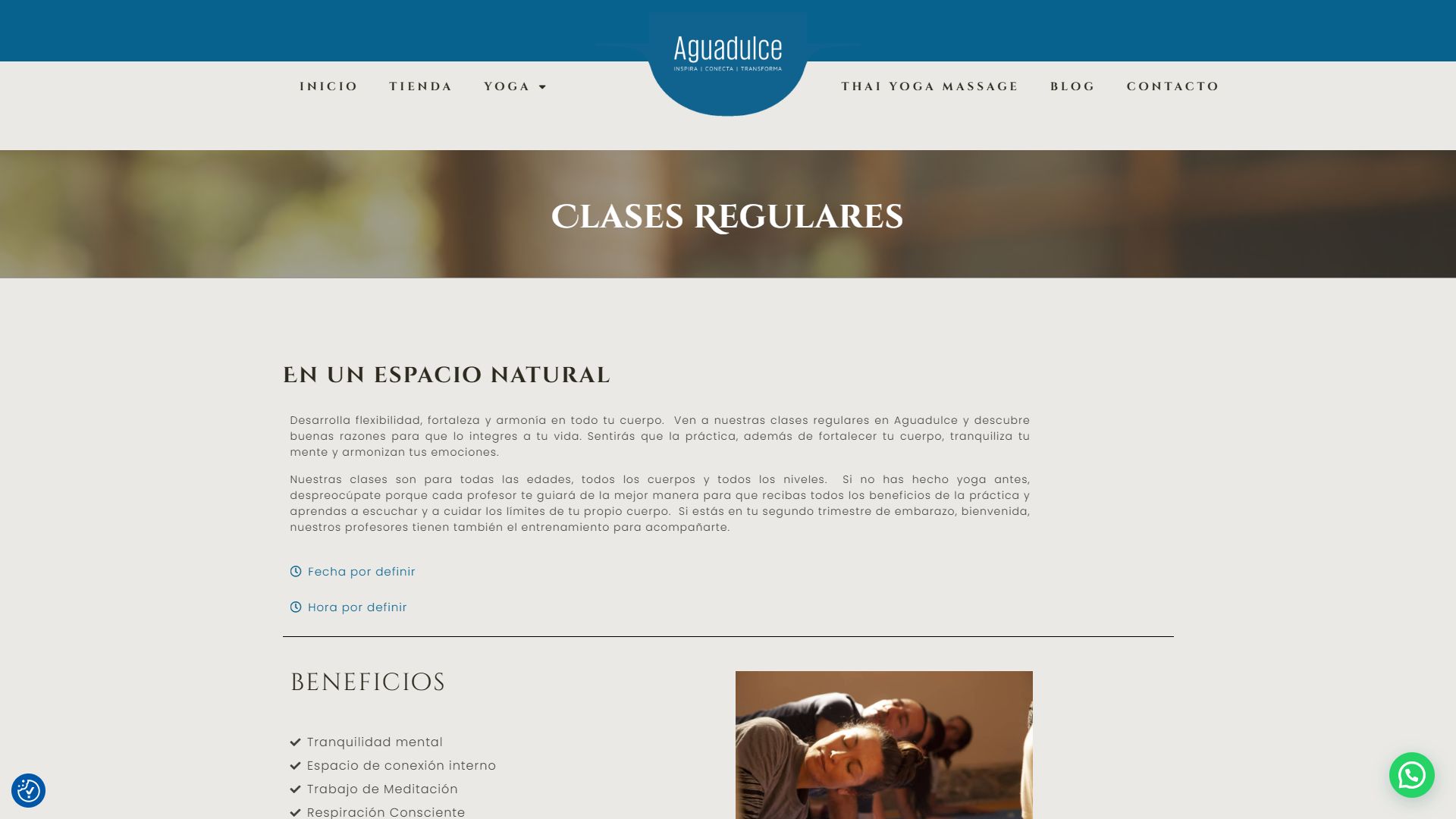 Página de clases regulares de la web de Agua Dulce