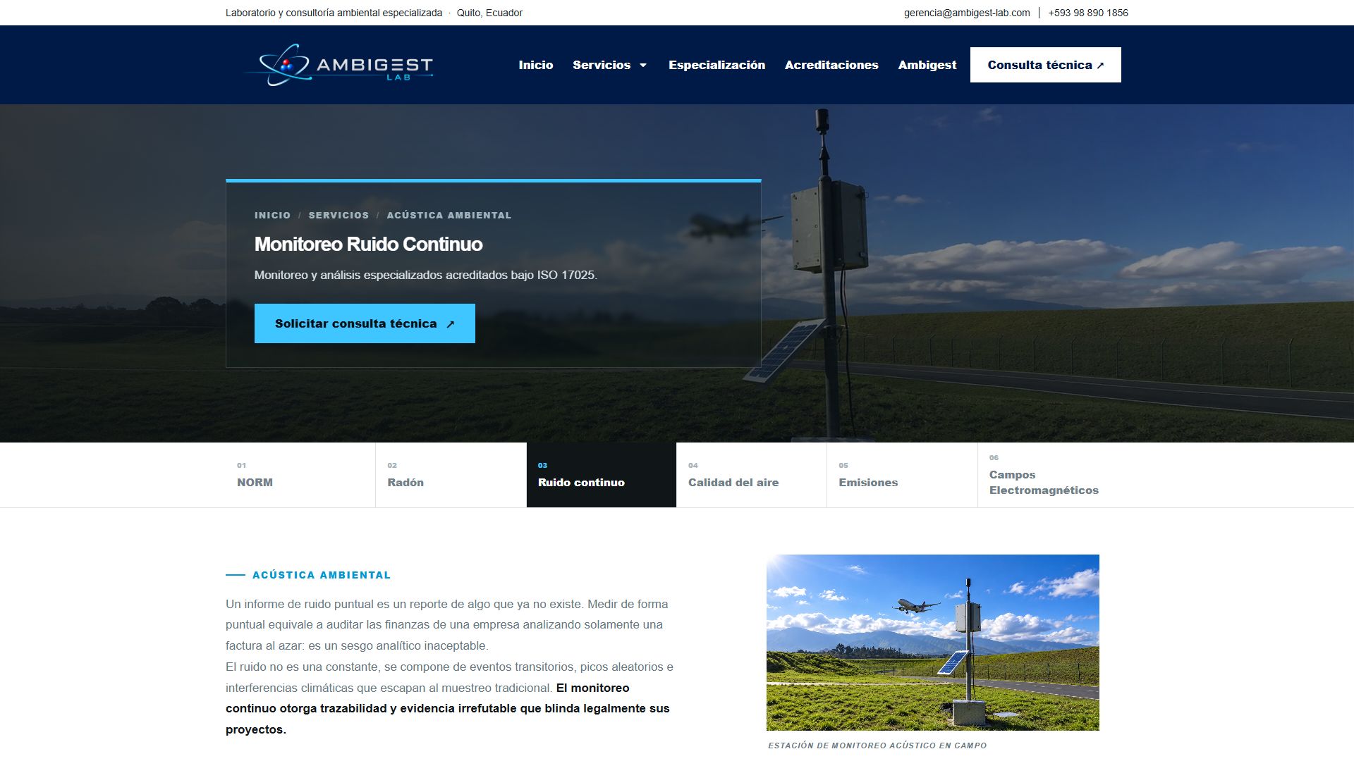 Página de monitoreo de ruido continuo de la web de Ambigest