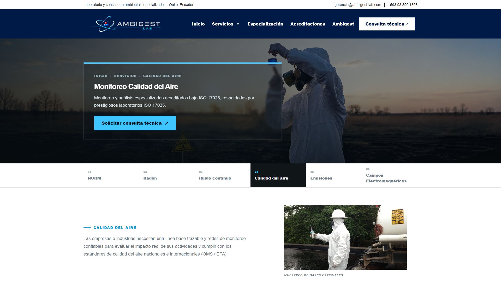 Página de monitoreo de calidad del aire de la web de Ambigest