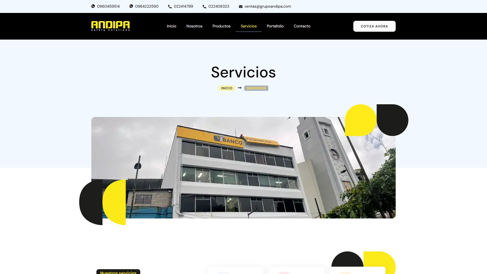 Página de servicios de la web de Andipa