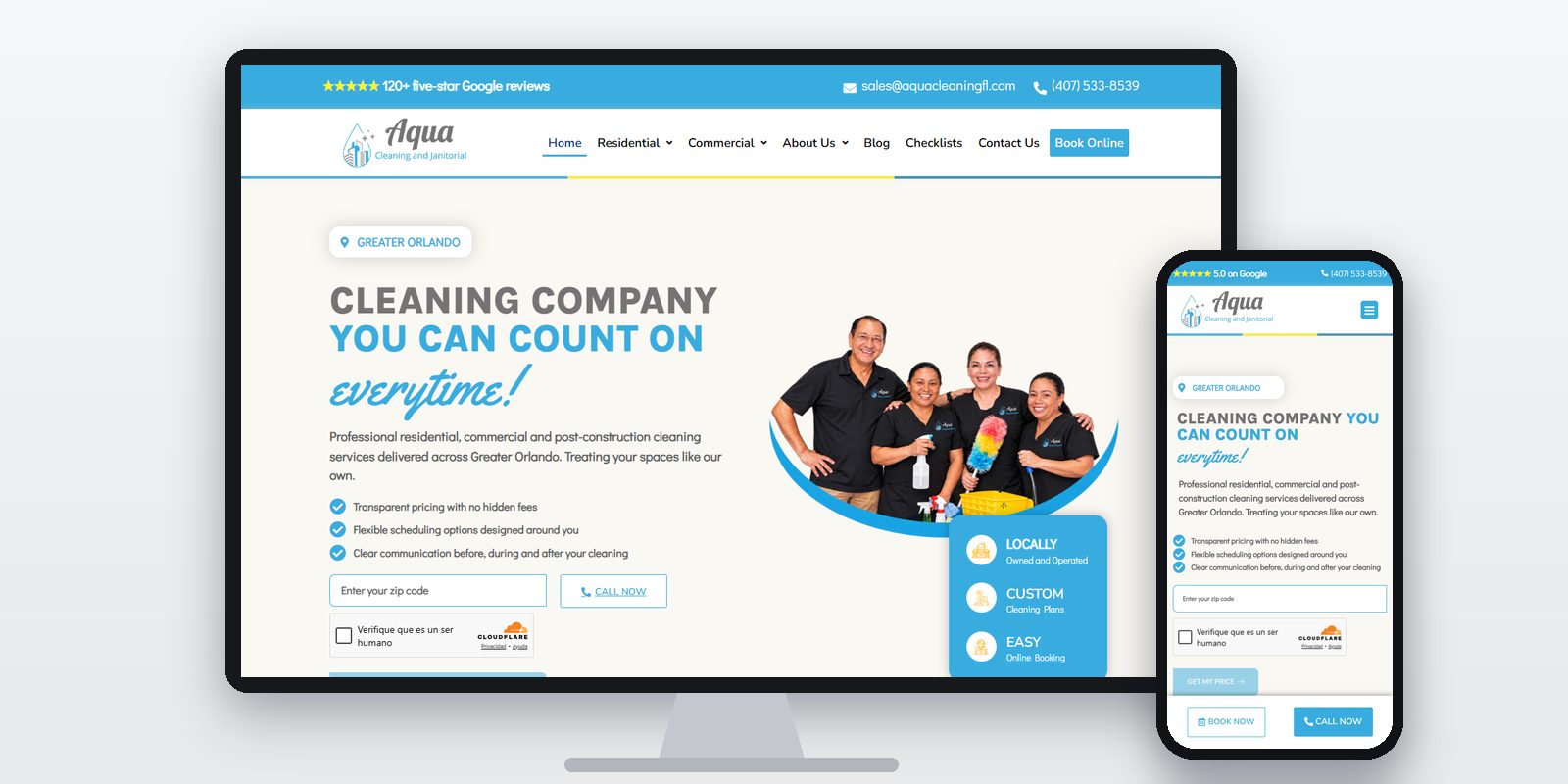 Página web de Aqua Cleaning and Janitorial diseñada por BIM Soluciones, vista en ordenador y móvil
