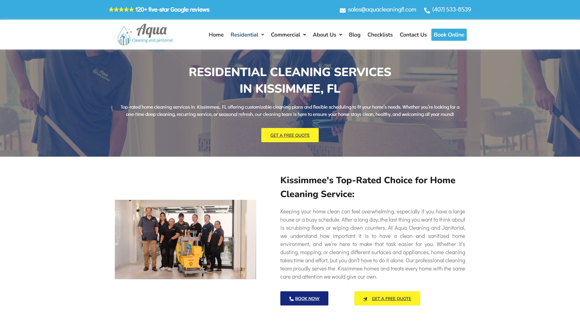 Página de limpieza residencial en Kissimmee de la web de Aqua Cleaning and Janitorial