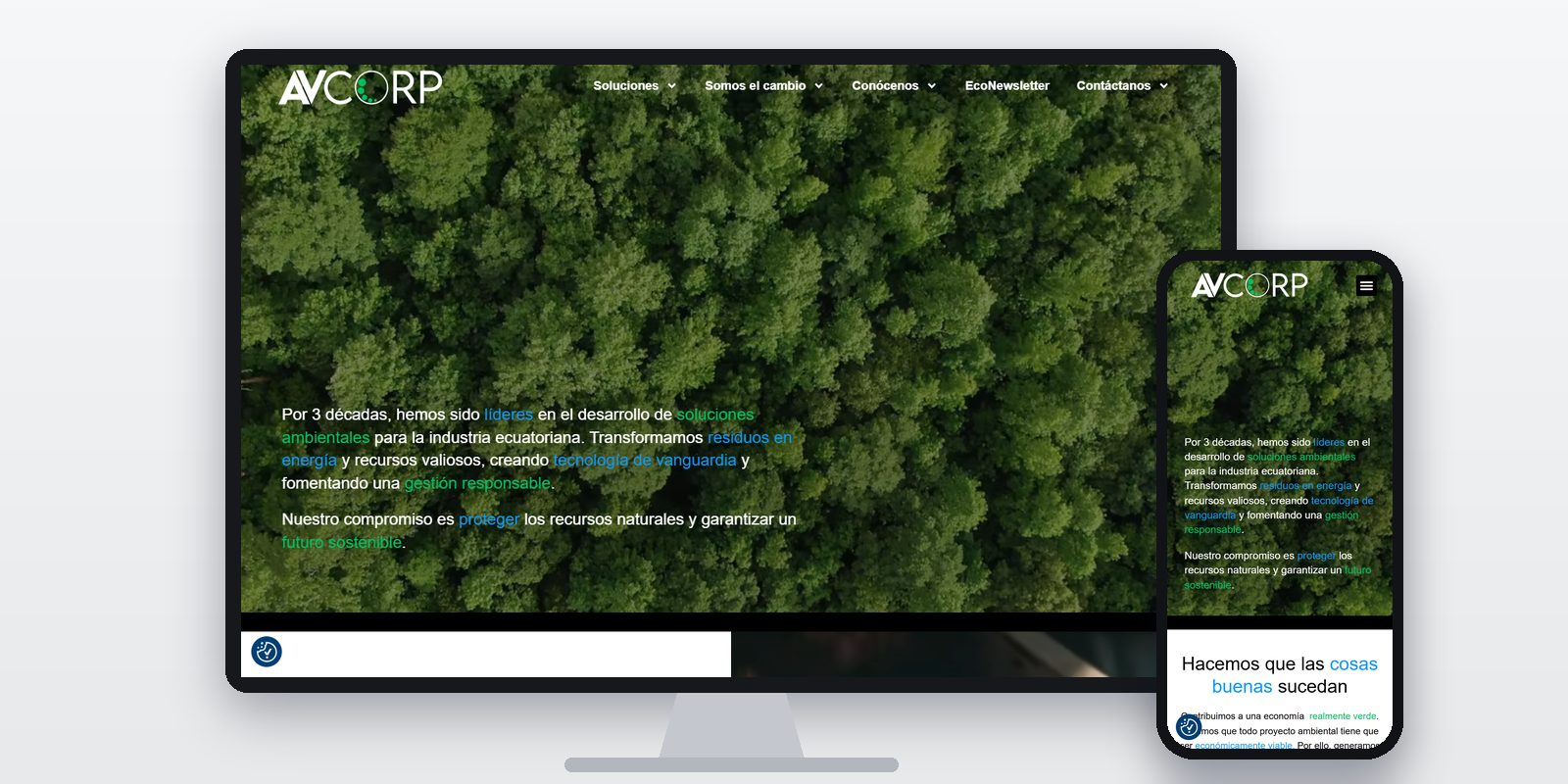 Página web de AV Corp diseñada por BIM Soluciones, vista en ordenador y móvil