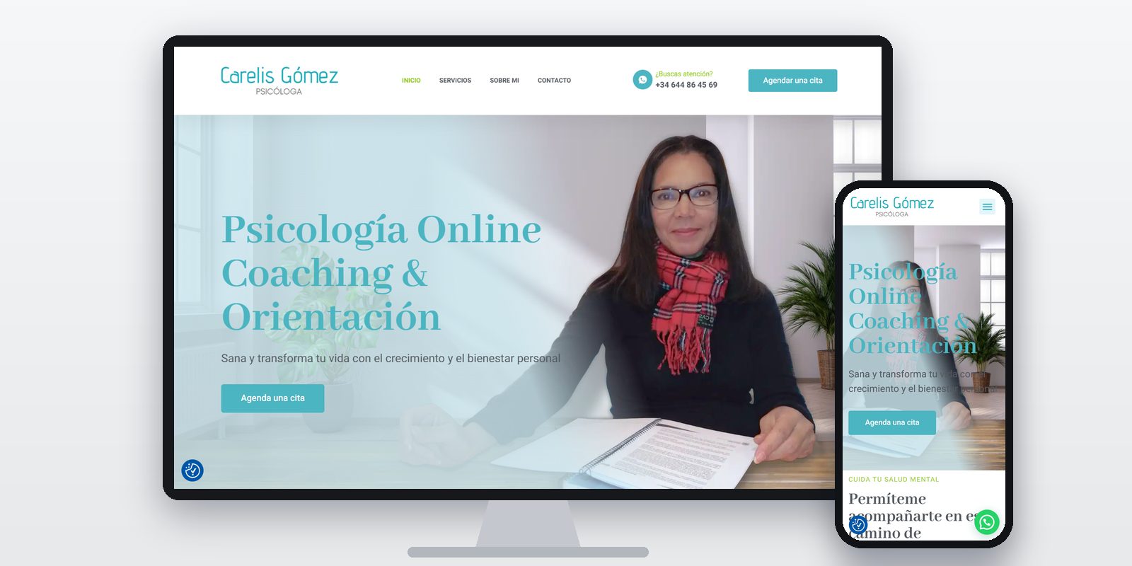 Página web de Carelis Gómez diseñada por BIM Soluciones, vista en ordenador y móvil