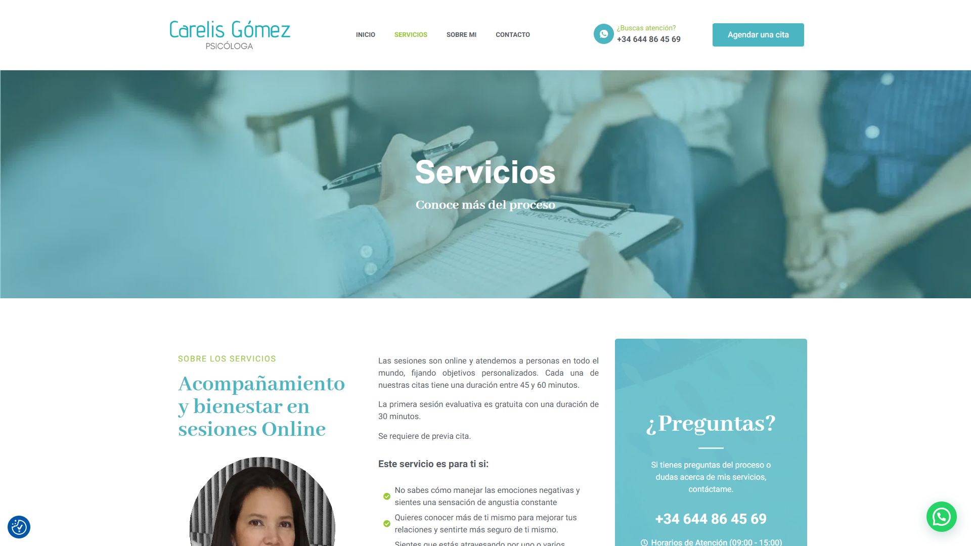 Página de servicios de la web de Carelis Gómez