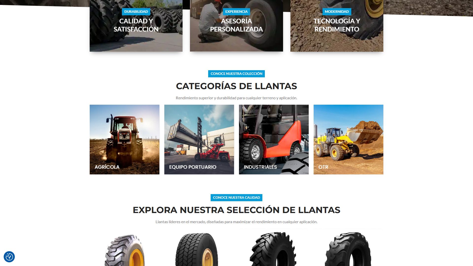 Categorías de llantas en la portada de la tienda online de Cerón Importadores