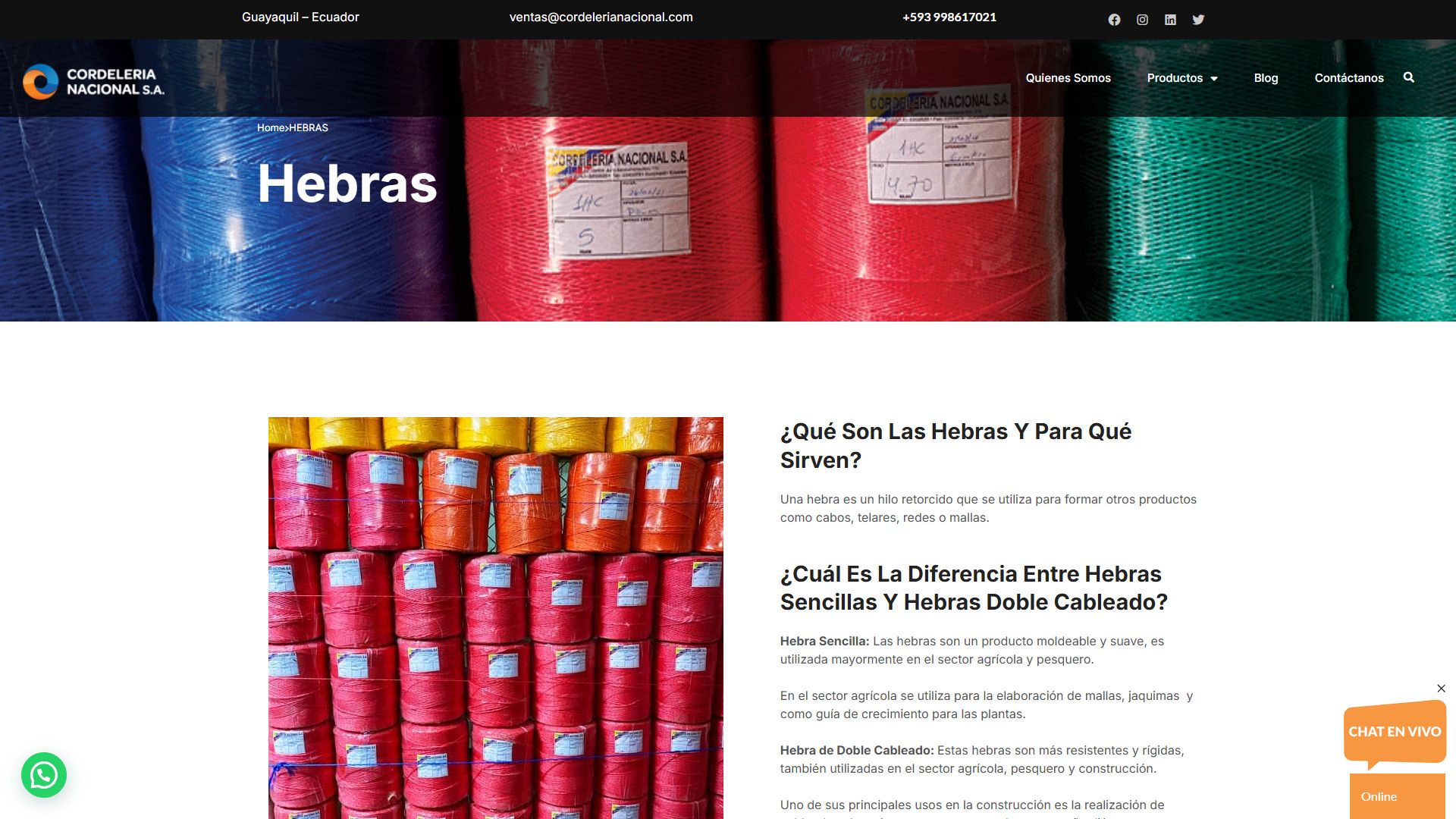 Página de hebras de la web de Cordelería Nacional