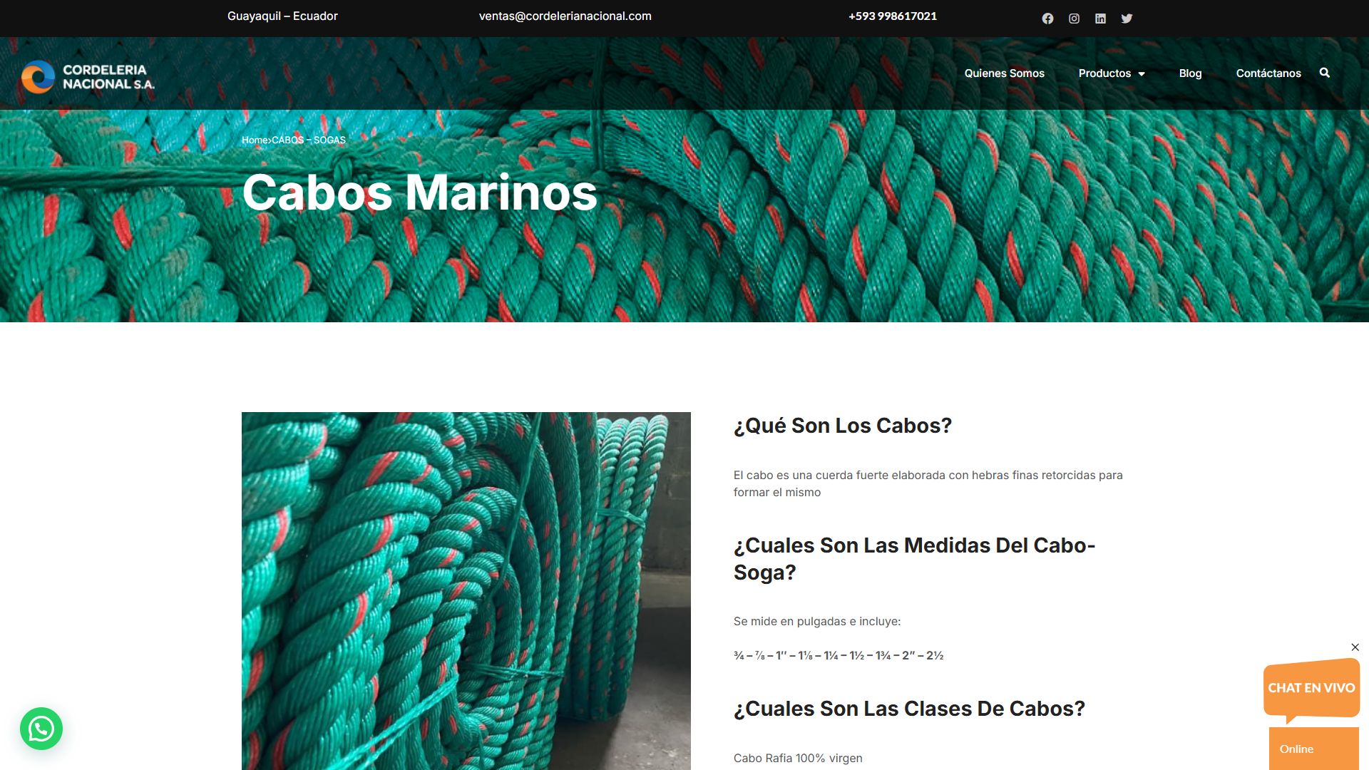 Página de cabos y sogas de la web de Cordelería Nacional