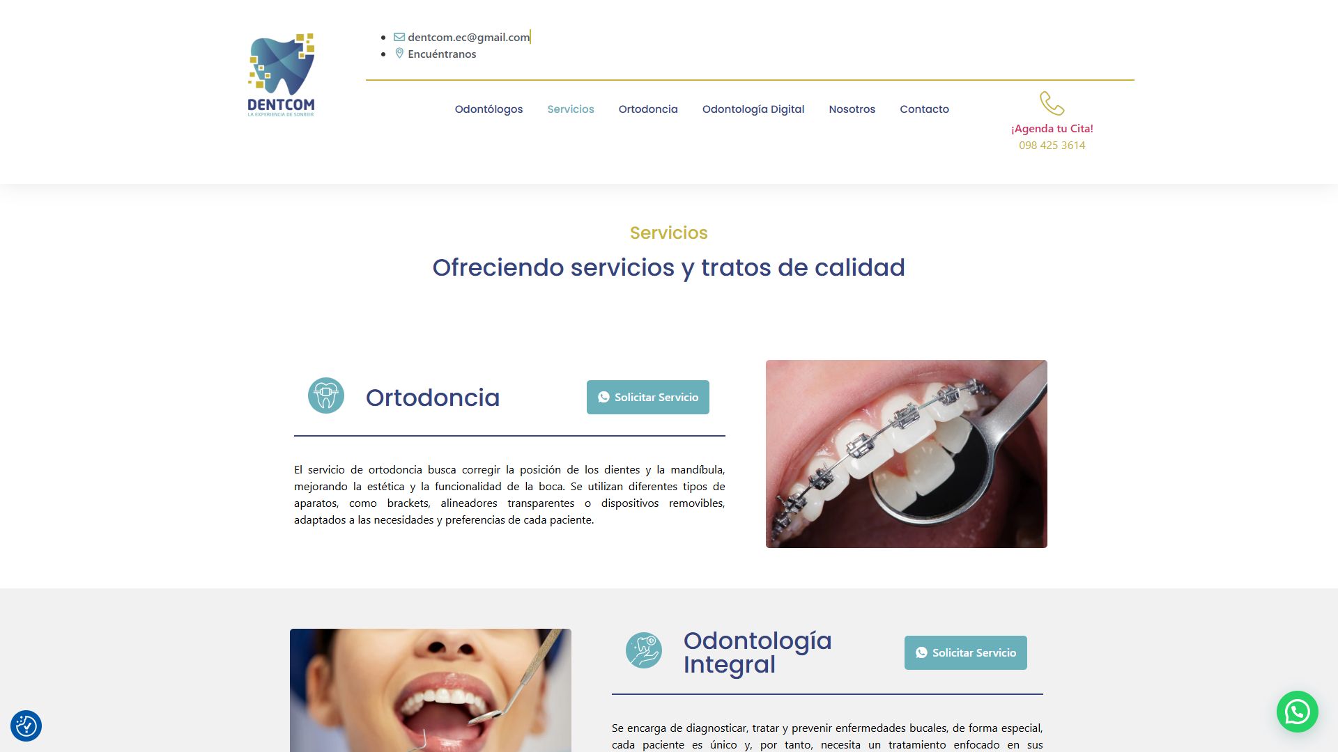 Página de servicios de la web de Dentcom