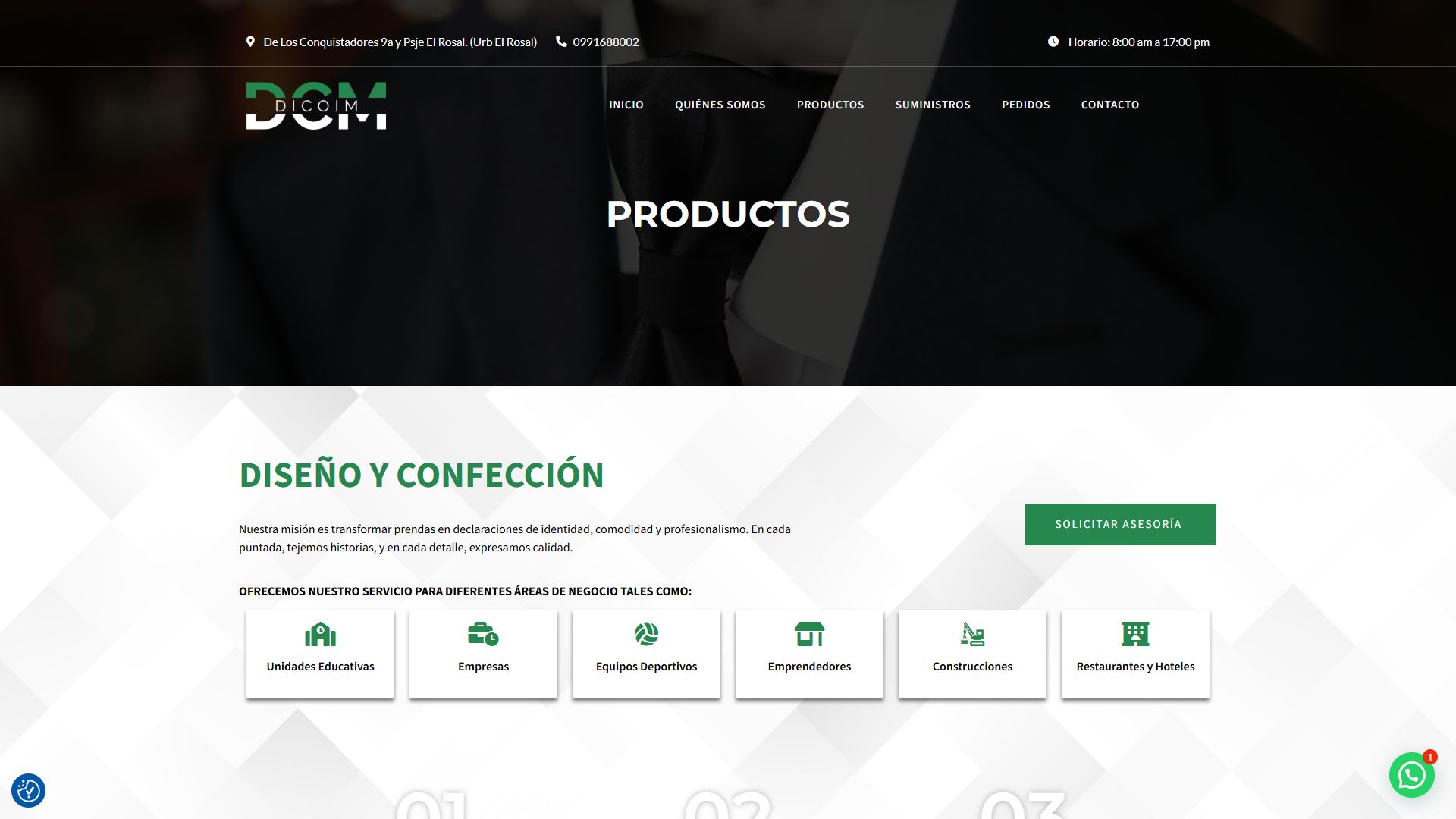 Página de productos de la web de Dicoim