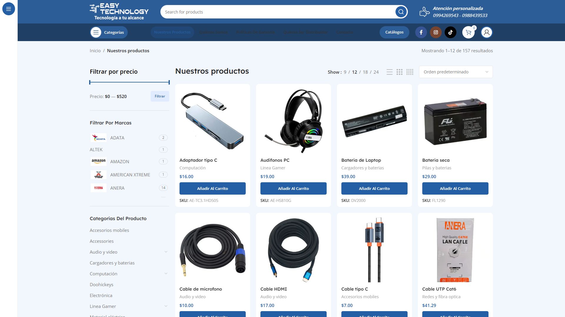 Página de productos de la tienda online de Easy Technology