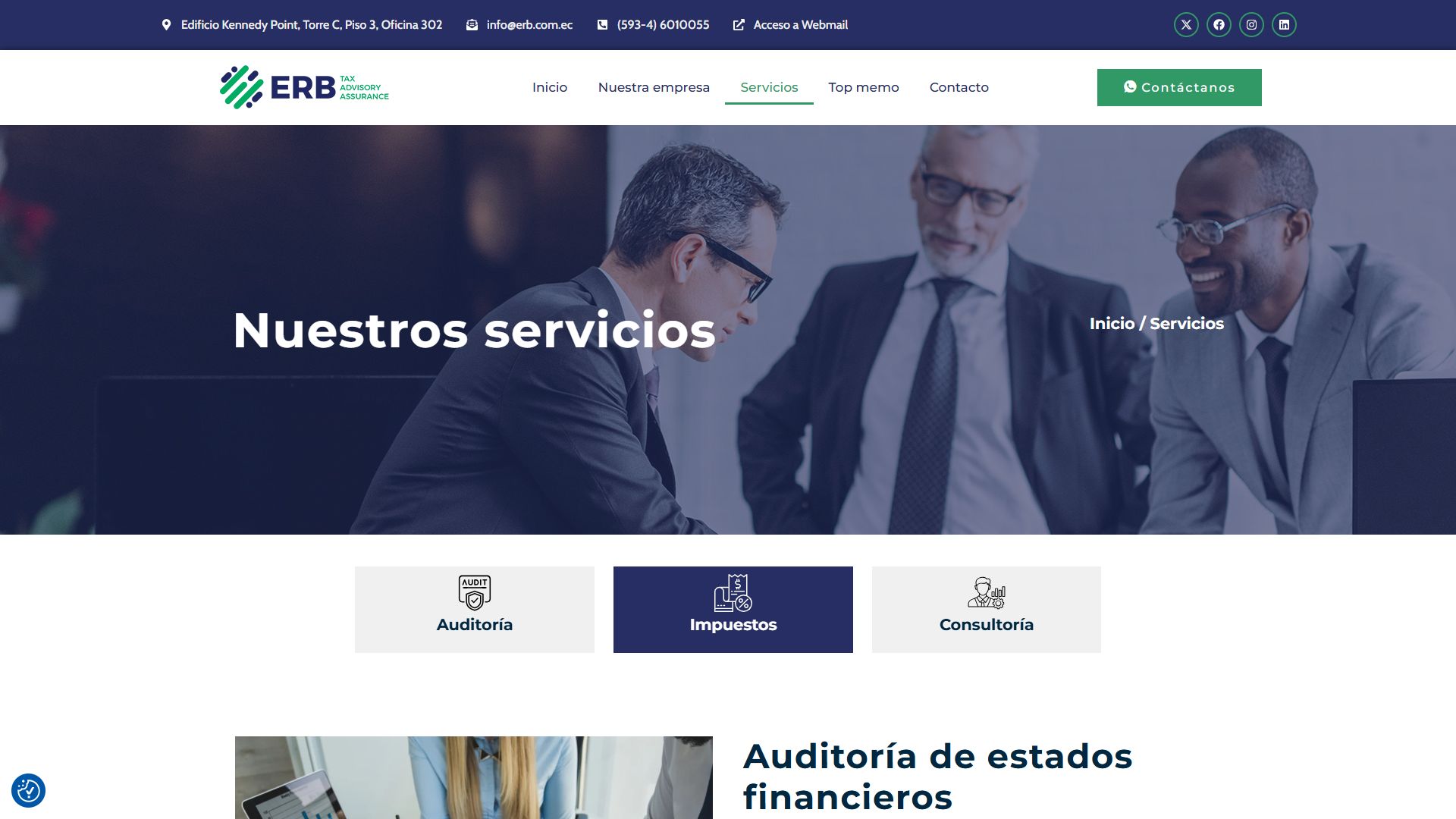 Página de servicios de la web de ERB
