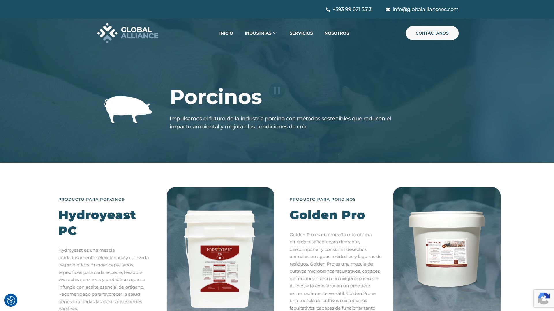 Página de productos para porcinos de la web de Global Alliance
