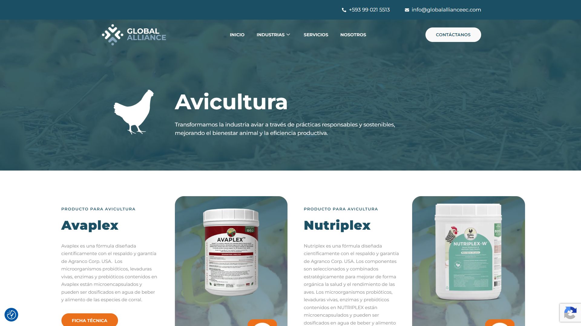 Página de productos para avicultura de la web de Global Alliance
