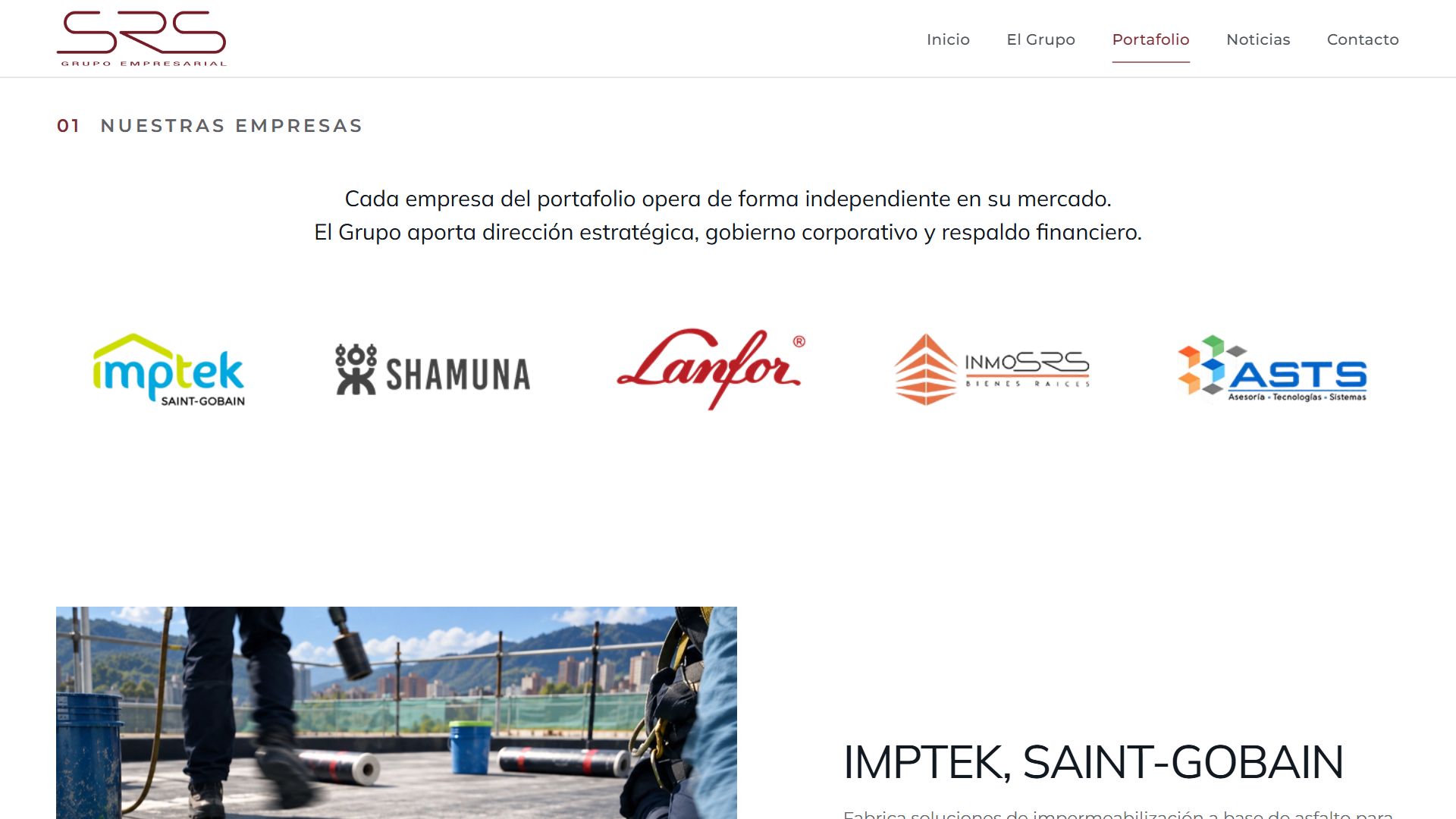 Página de portafolio de la web de Grupo SRS con sus cinco empresas
