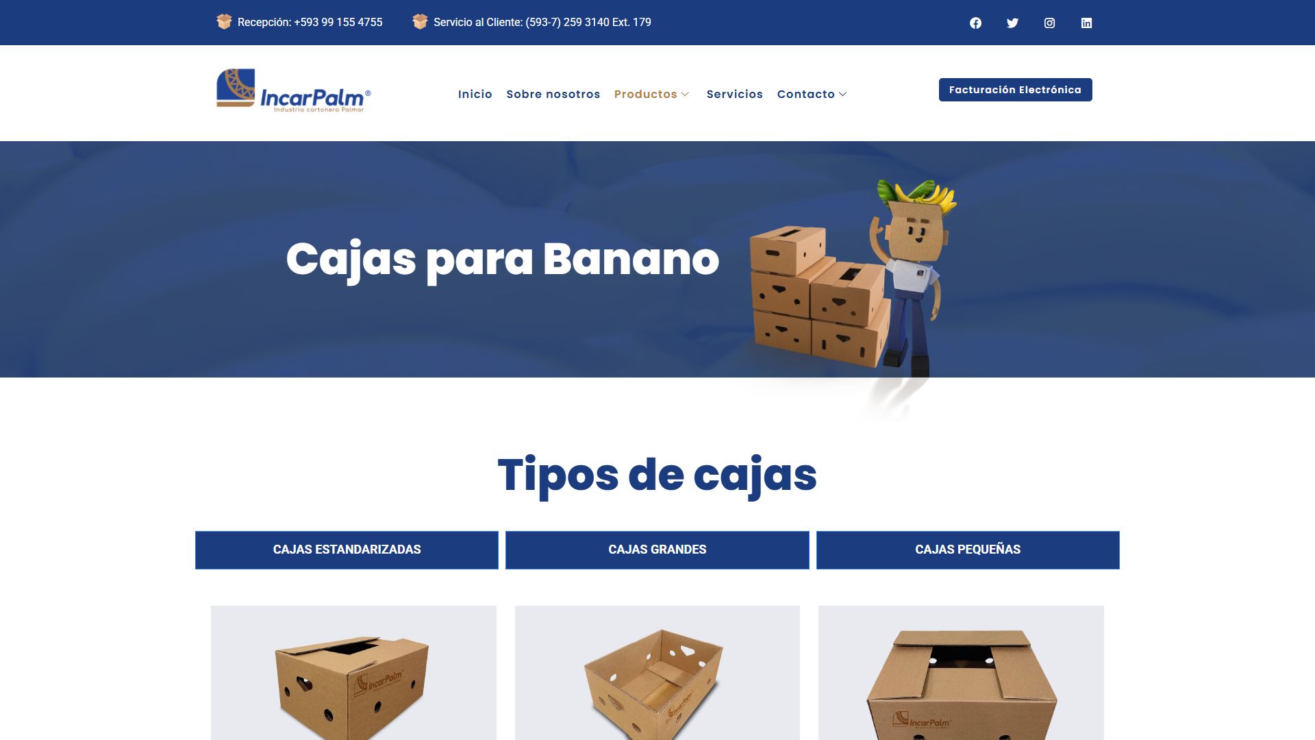 Página de cajas para banano de la web de Incarpalm
