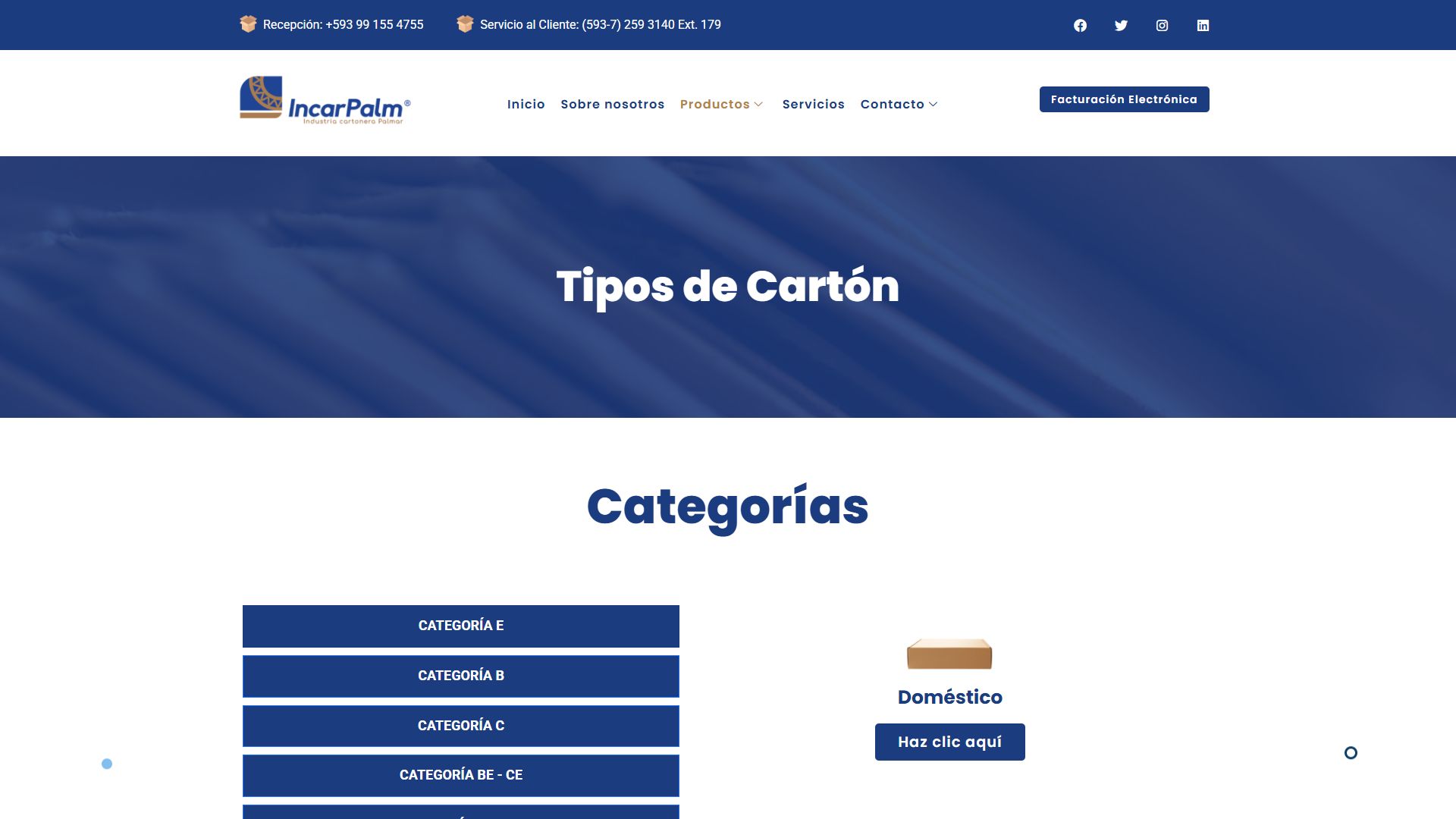 Página de tipos de cartón de la web de Incarpalm