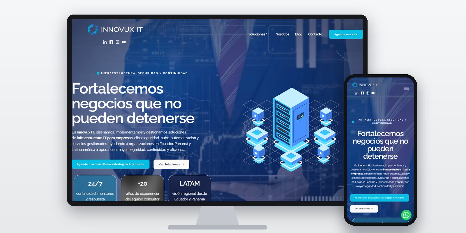 Página web de Innovux IT diseñada por BIM Soluciones, vista en ordenador y móvil