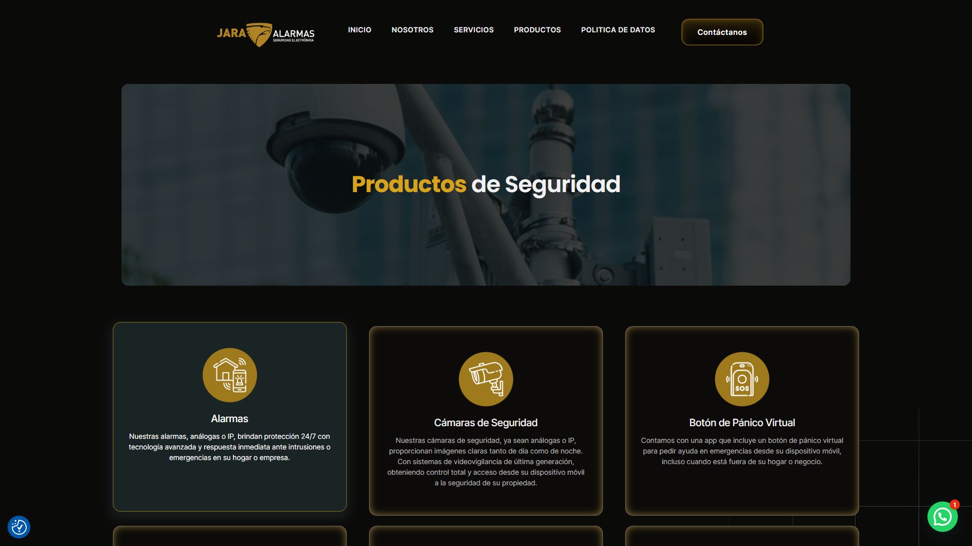 Página de productos de seguridad de la web de Jara Alarmas