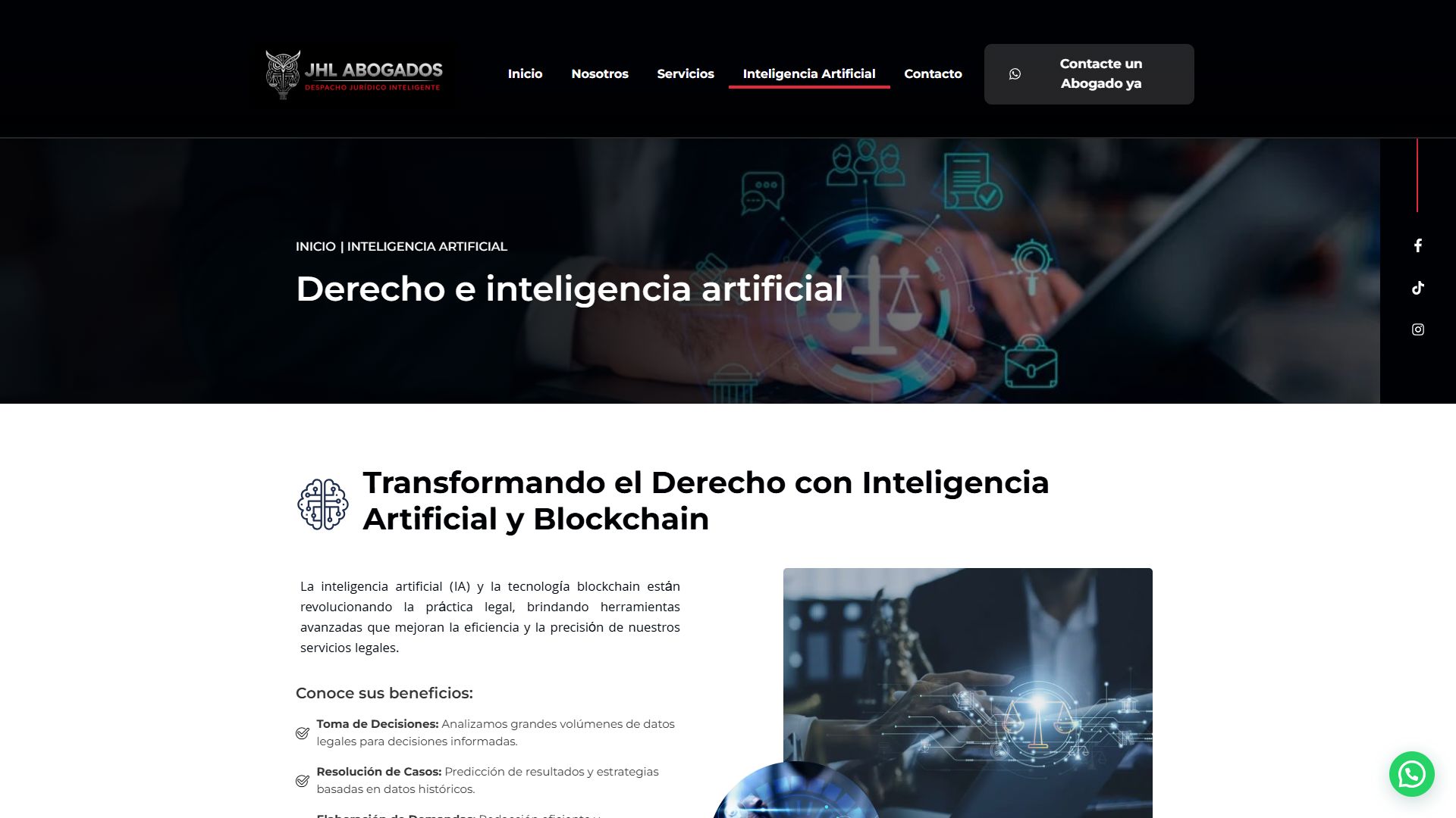Página de inteligencia artificial de la web de JHL Abogados