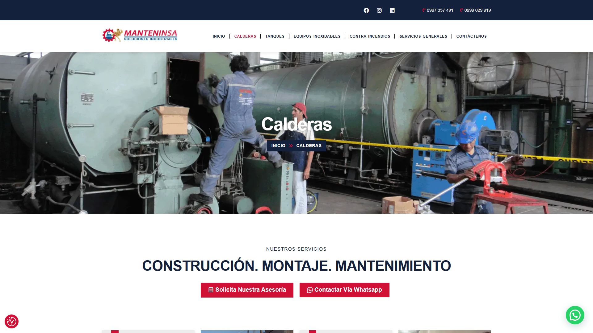 Página de calderas de la web de Manteninsa