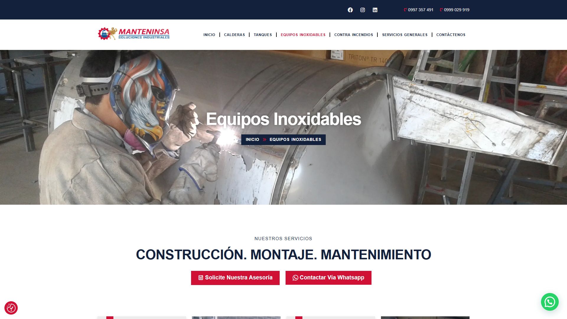 Página de equipos inoxidables de la web de Manteninsa