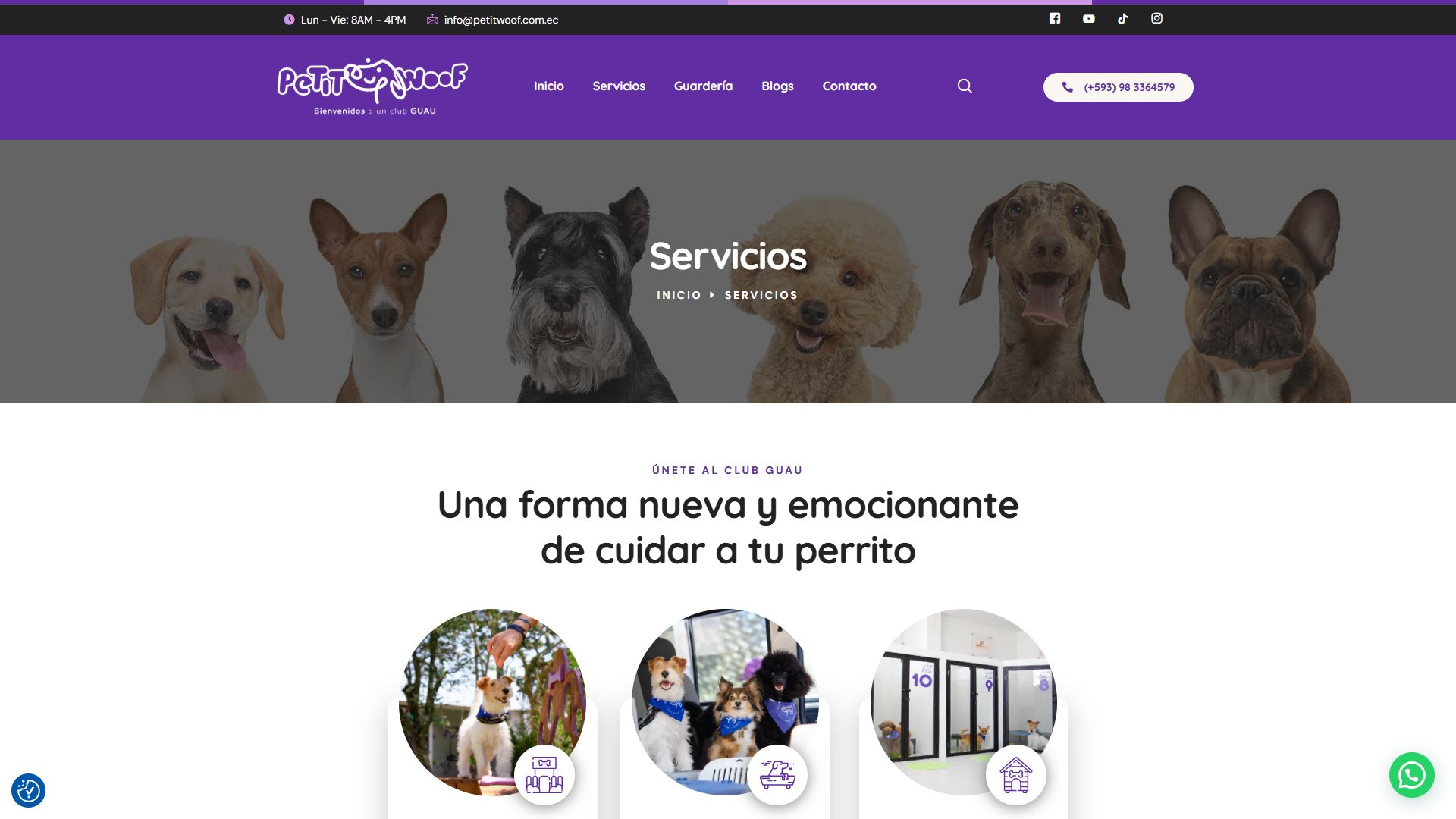 Página de servicios y planes de la web de Petit Woof