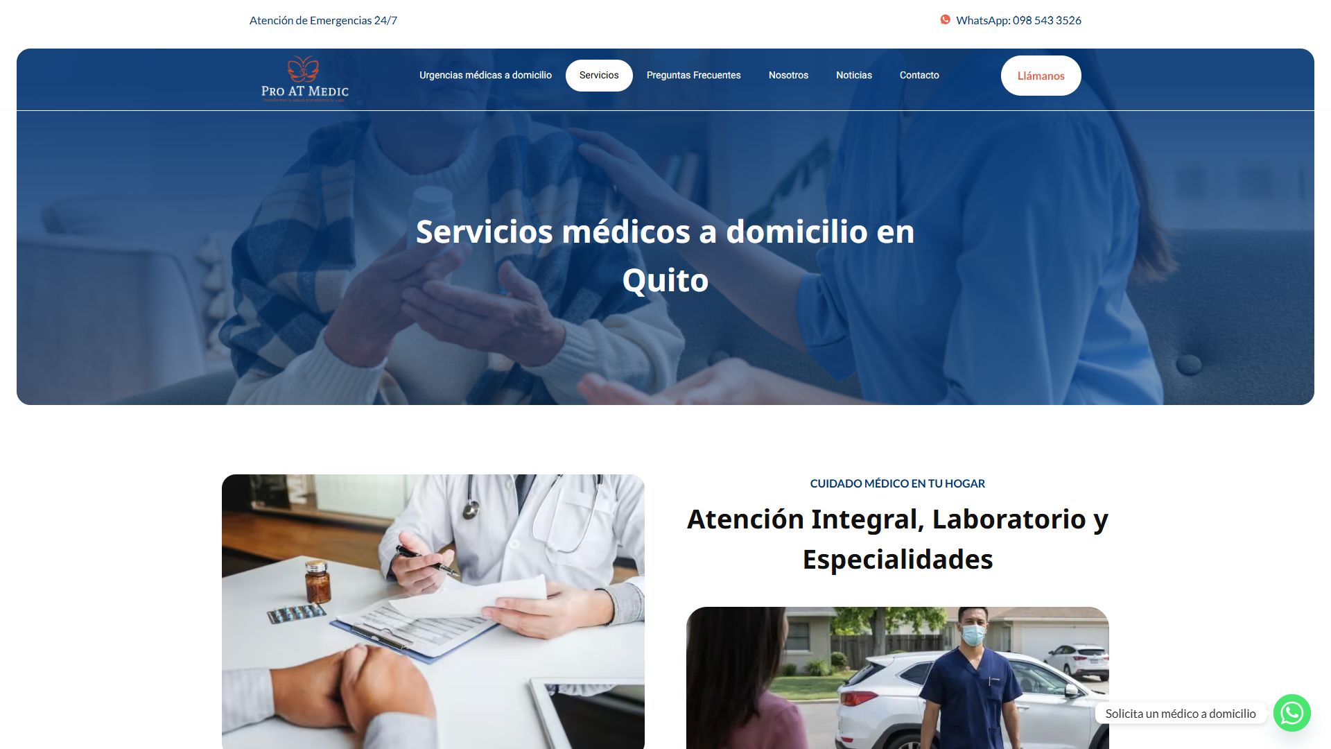 Página de servicios de la web de Pro AT Medic