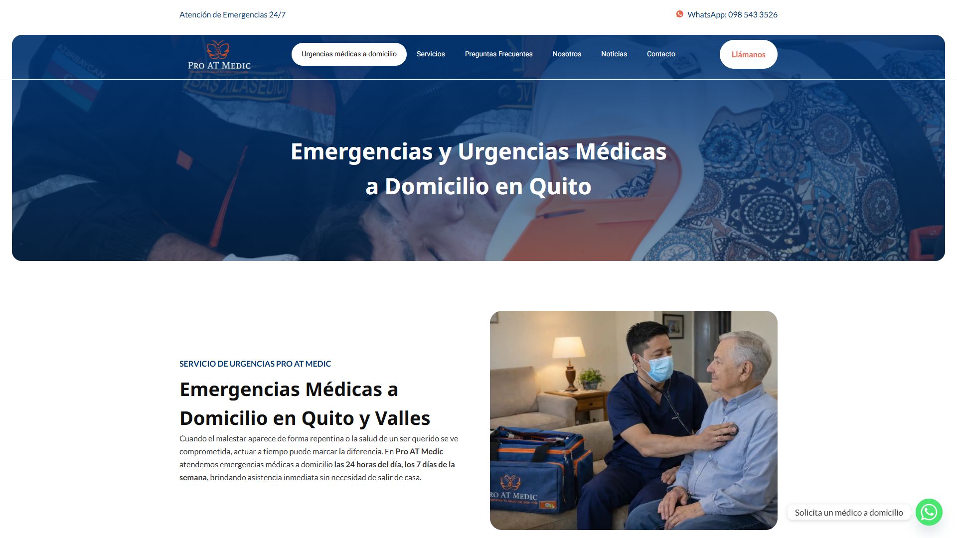 Página de urgencias médicas a domicilio de la web de Pro AT Medic