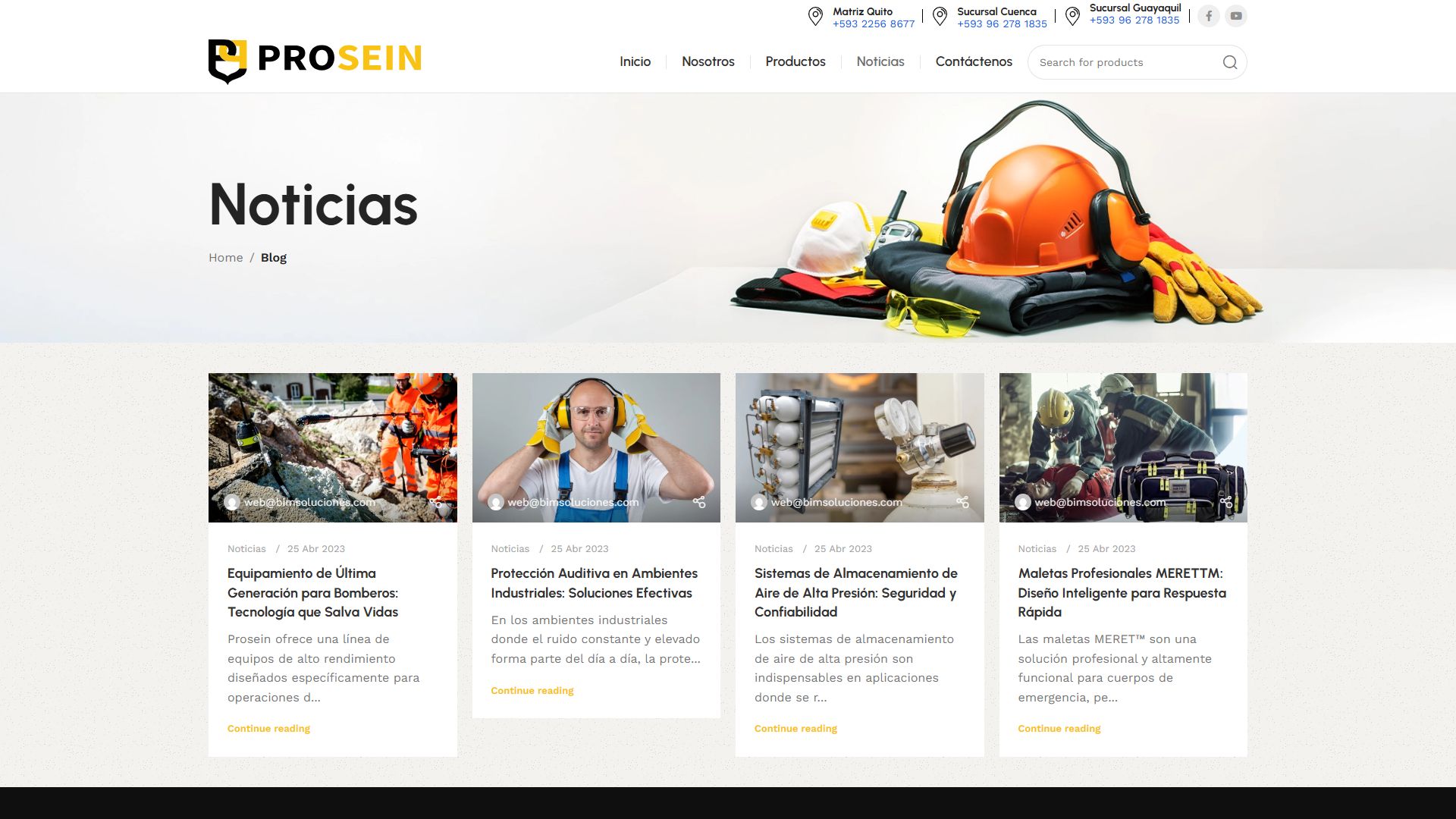 Página de noticias de la web de Prosein
