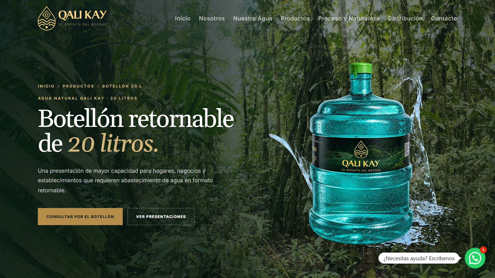 Ficha del botellón retornable de 20 litros en la web de Qali Kay