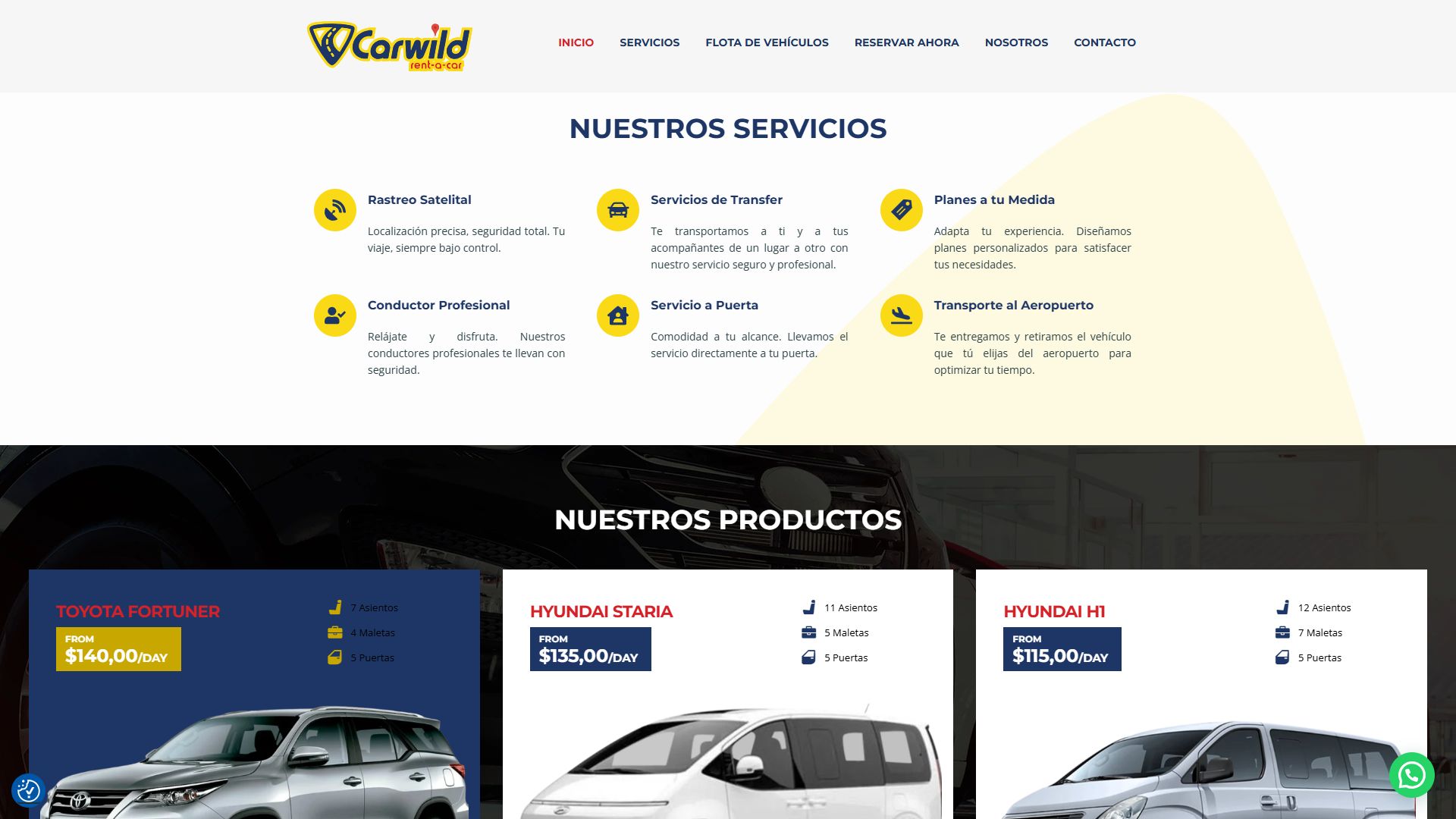Sección de servicios en la portada de la web de Carwild