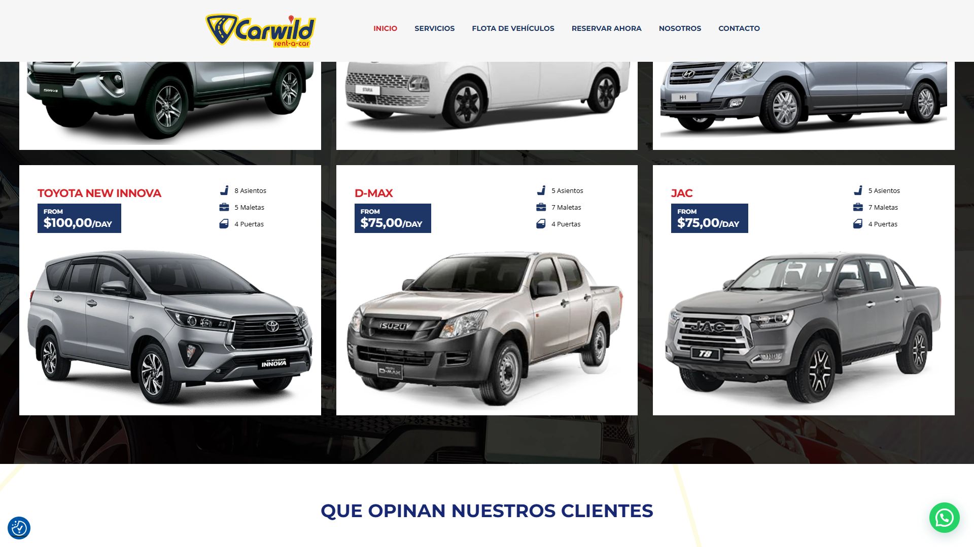 Sección de flota en la portada de la web de Carwild