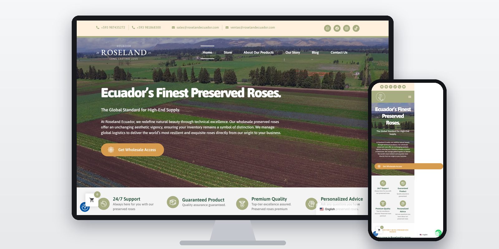 Página web de Roseland Ecuador diseñada por BIM Soluciones, vista en ordenador y móvil