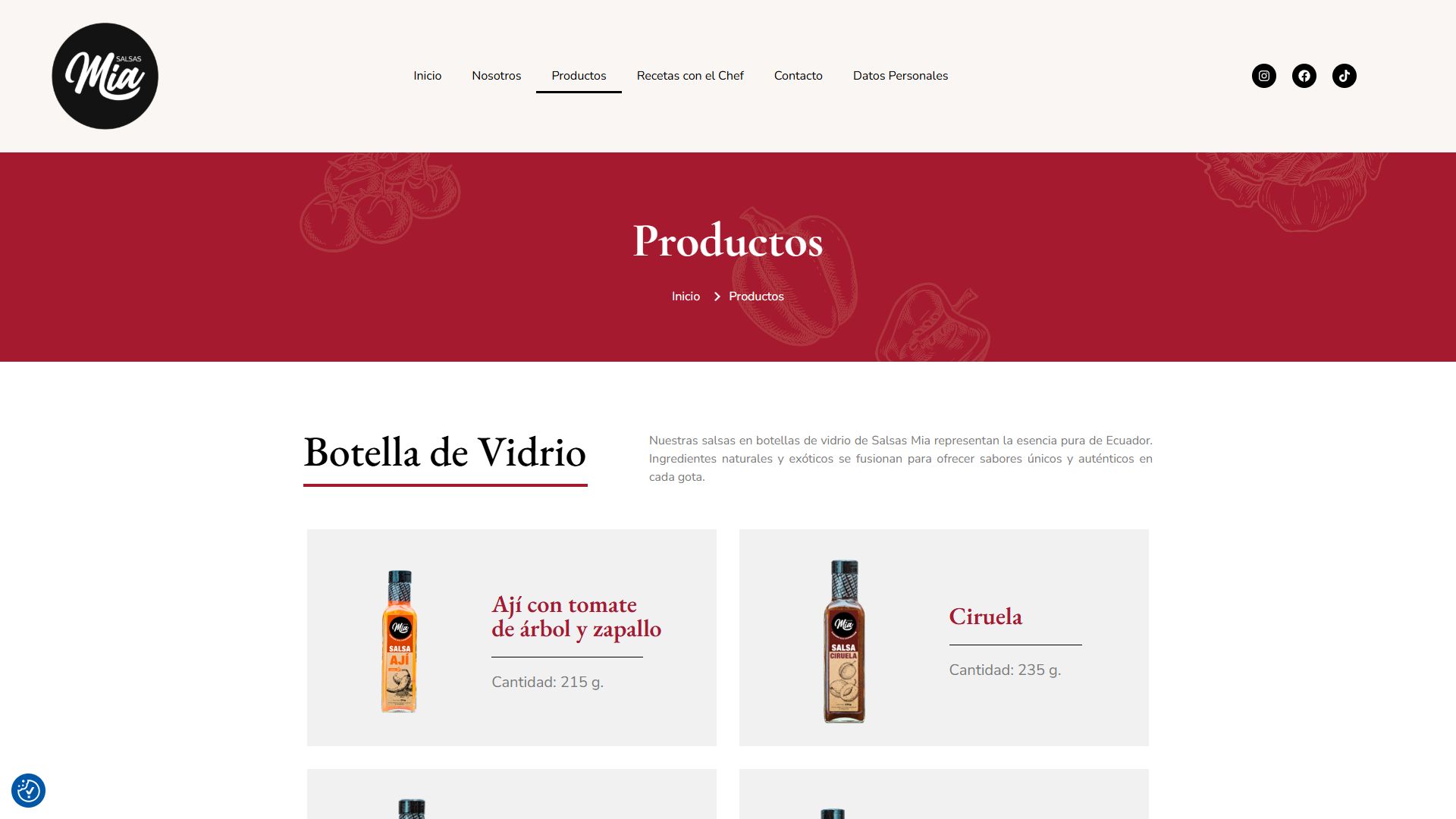 Página de productos de la web de Salsas Mía