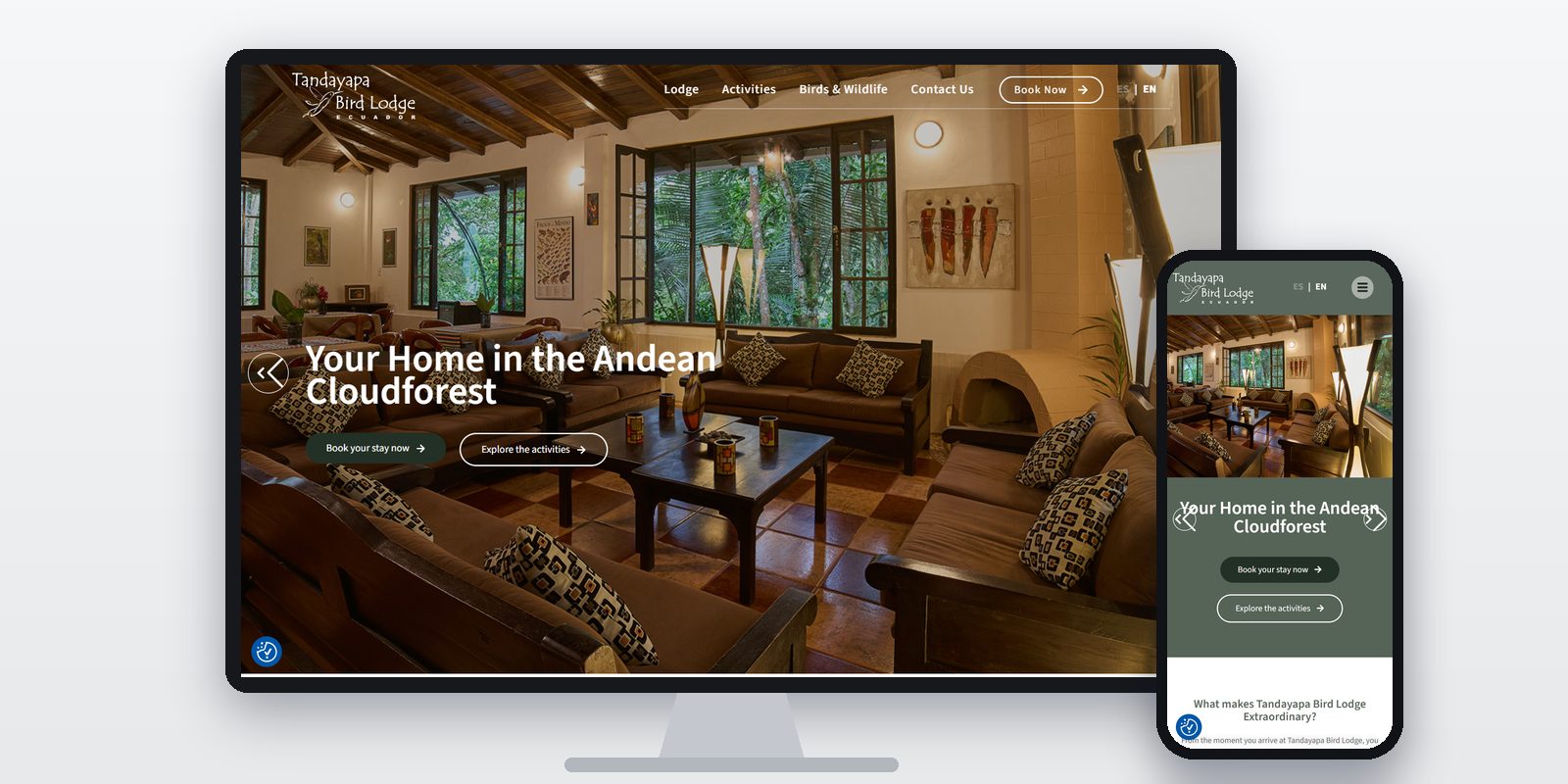 Página web de Tandayapa Bird Lodge diseñada por BIM Soluciones, vista en ordenador y móvil