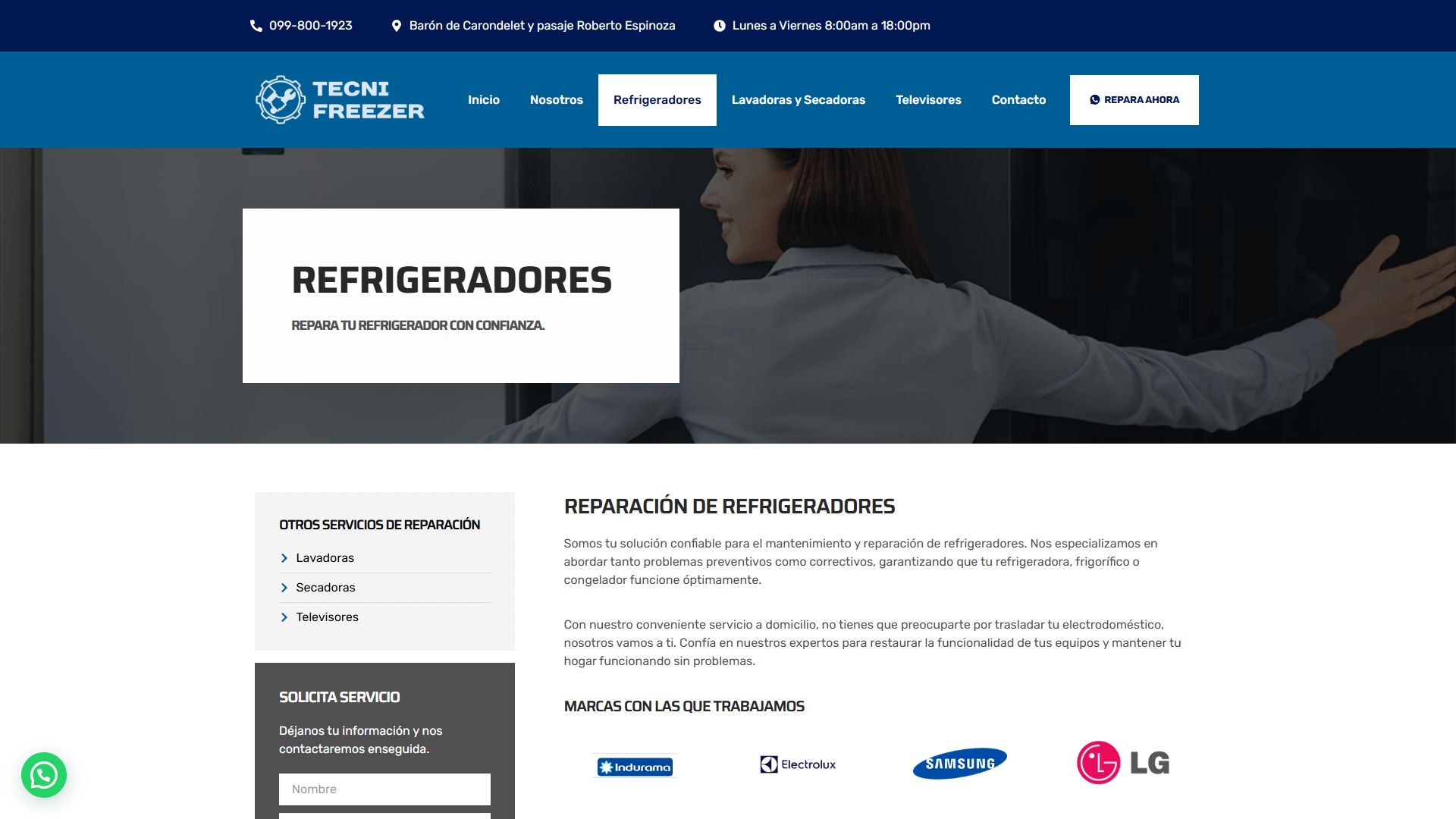 Página de reparación de refrigeradores de la web de Tecnifreezer