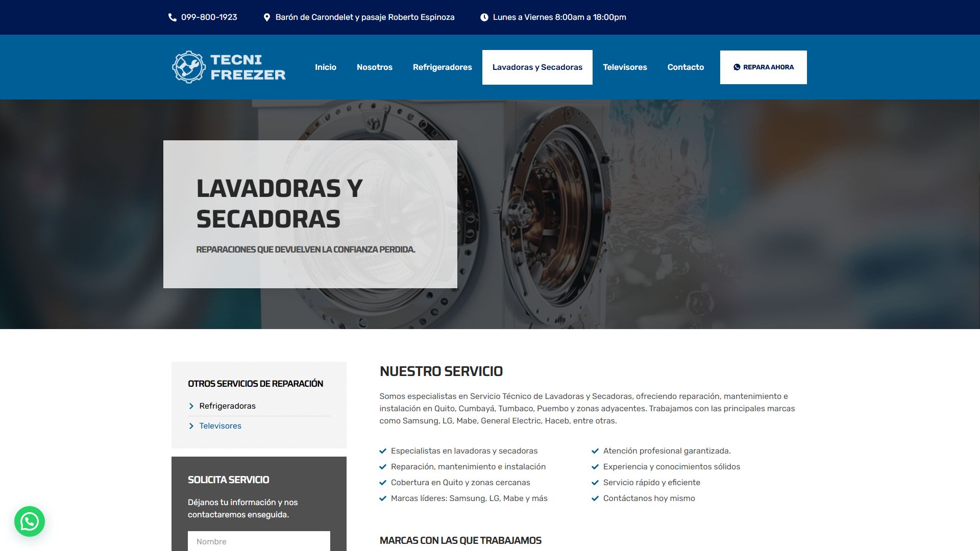 Página de reparación de lavadoras y secadoras de la web de Tecnifreezer